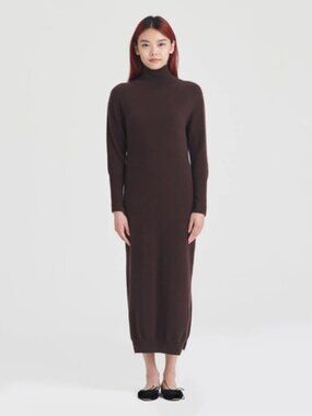 Cashmere Turtleneck Dress With Slits In Chocolate Brown